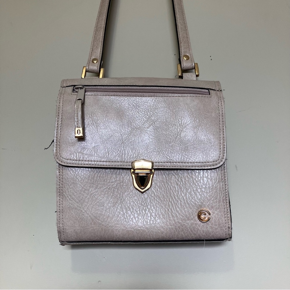 Cornell Vintage Beige Leather Crossbody Bag Structured Gold Hardware Shield Lock
